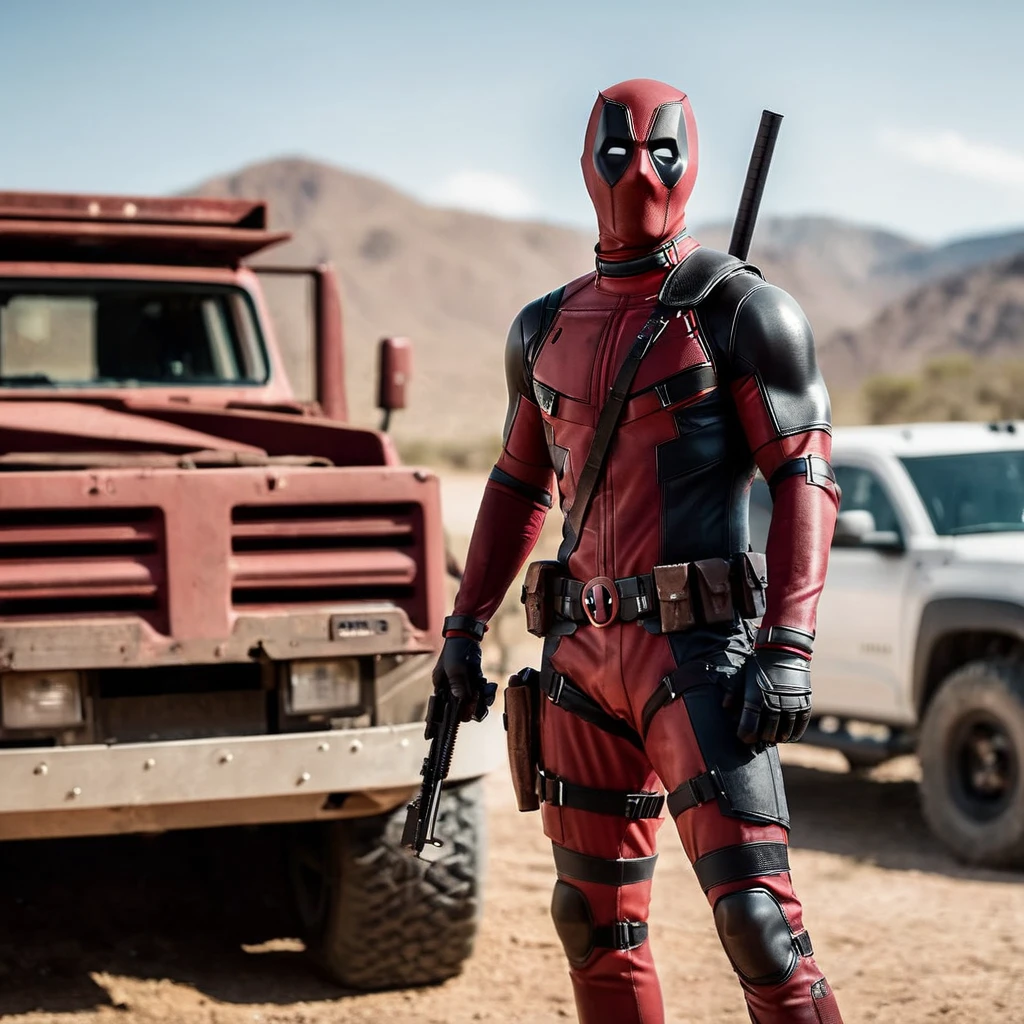 cinematic film still of <lora:Desert Eagle:1.2>
a deadpool man standing next to a truck with two_guns Desert Eagle pistol, shallow depth of field, vignette, highly detailed, high budget, bokeh, cinemascope, moody, epic, gorgeous, film grain, grainy