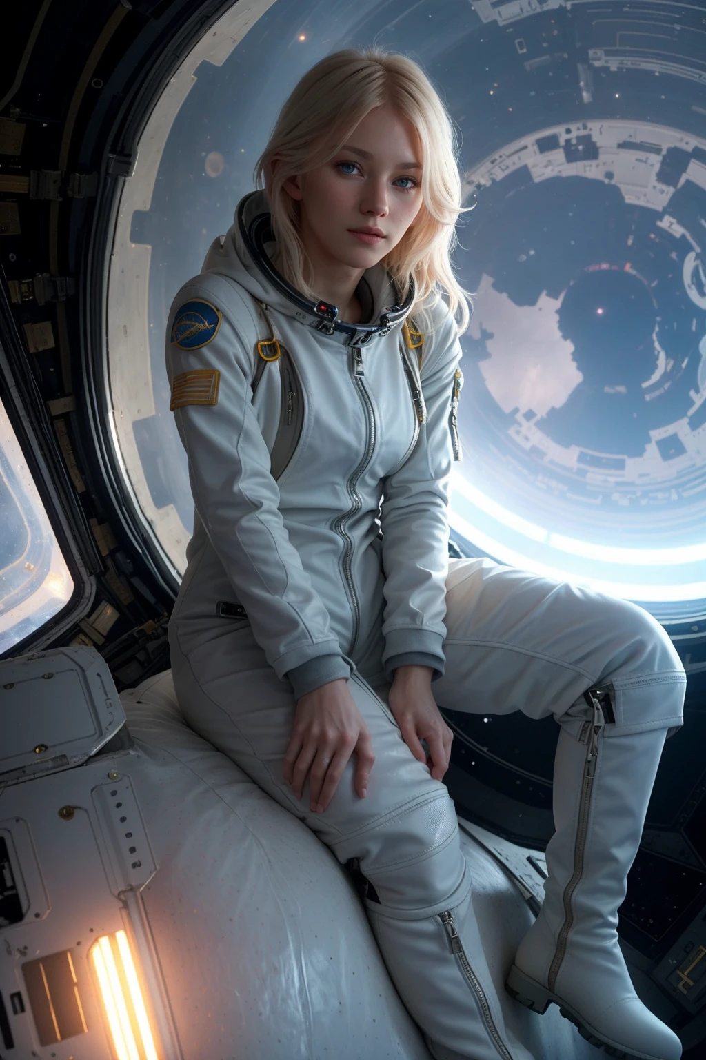 Photo of stunning Caucasian woman, mil4 with short blonde hair, slightly smiling, (wearing space jumpsuit, boots:1.3), floating inside a space station with low gravity, full body framing, (dramatic edge lighting:1.2), detailed skin texture, (blush:0.5), (goosebumps:0.5), subsurface scattering, perfect iris, perfect pupils, perfect hands, (masterpiece, photorealistic:1.2), high quality, intricate details, detailed background, 8k