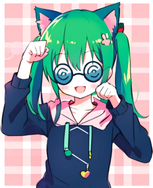 <lora:binzokomegane:1> 1girl, solo, ((coke-bottle_glasses:1.2)), paw_pose, cat_ears, twintails, :D