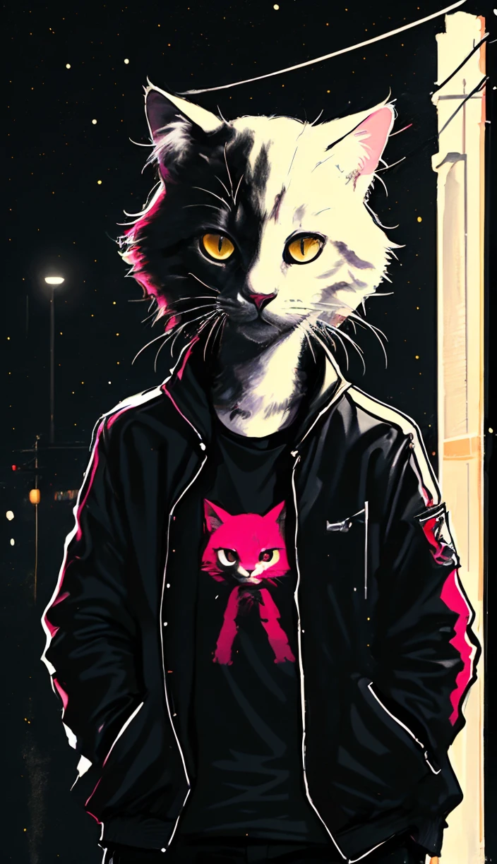 cat, punk art, <lora:PUNK-000005:.6>, on a dark night, city