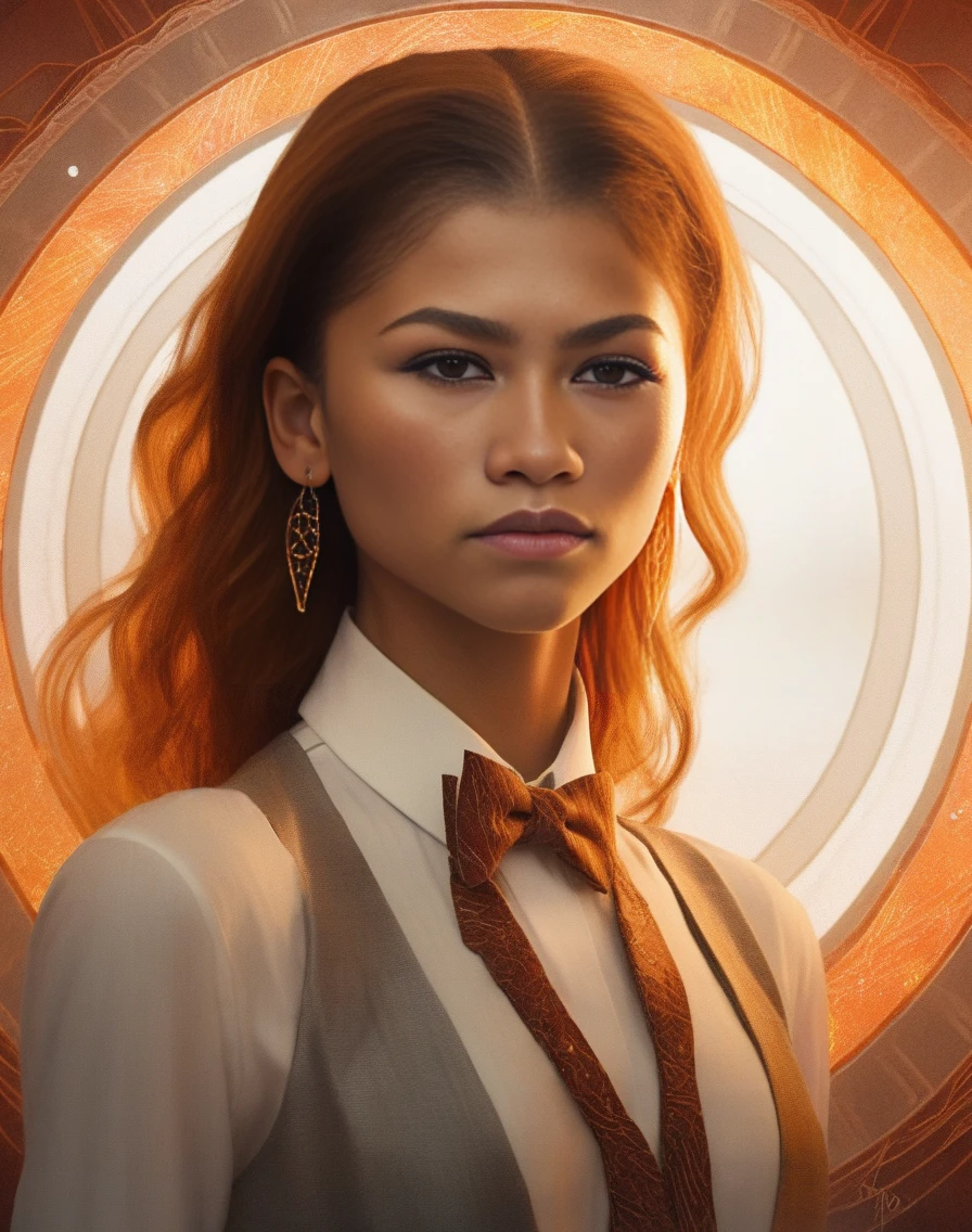 ZendayaMaree,<lora:ZendayaMareeSDXL:1>,portrait, hyper detailed,close up of a Fiery light-weight Scandinavian Woman, Summoner, concept art, looking towards camera, Art Nouveau Bowtie, Hurricane, Circular polarizer