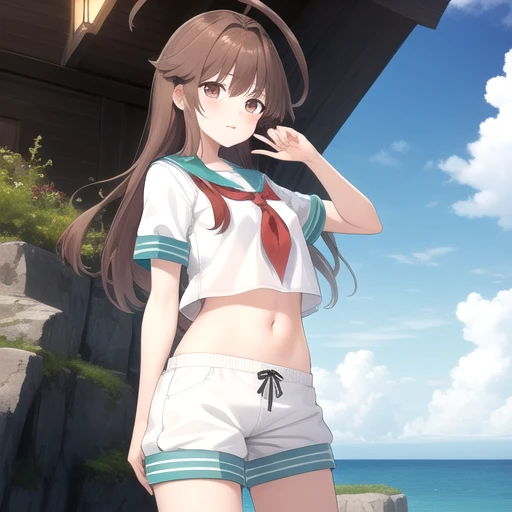 ((masterpiece)),(best quality),official art,extremely detailed CG,unity 8k wallpaper,ultra detailed,A lighthouse on a cliff by the sea,1girl,solo,cowboy shot,long_hair,brown_hair,white_shirt,white_shorts,brown_eyes,school_uniform,serafuku,huge_ahoge,sailor_collar,navel,neckerchief,midriff,looking_at_viewer,short_sleeves,<lora:Kuma(kan)>,