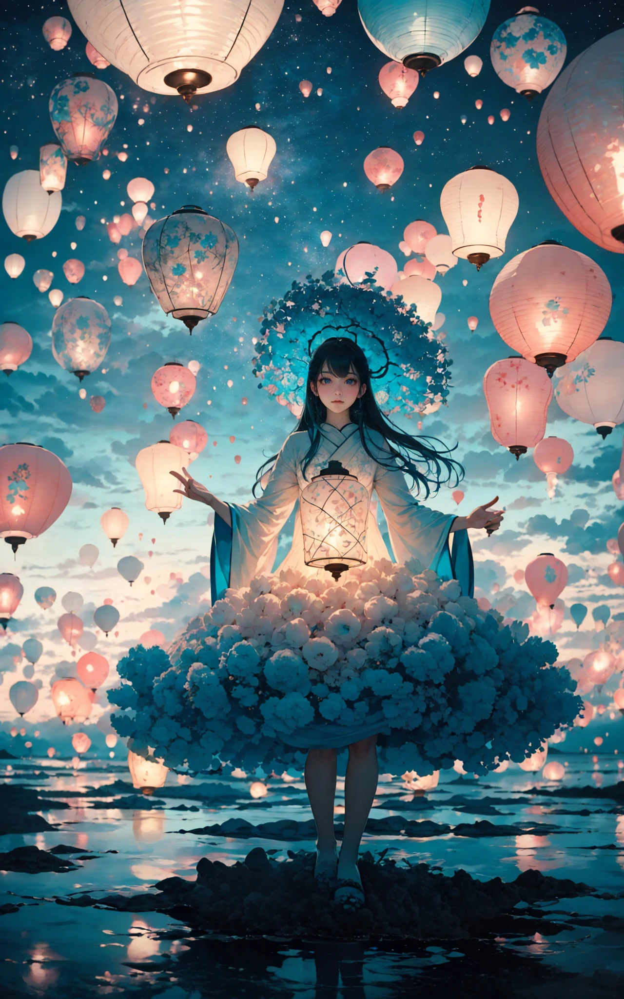 sky lanternmasterpiece, best quality, 32k uhd, insane details, intricate details, hyperdetailed, hyper quality, high detail, ultra detailed, Masterpiece, (Real waterRealistic waterflowing water:1.1)ripples(cyan sky:1.4),
A whimsical sight of paper lanterns floating against the twilight sky, captured in a wide view by Tim Walker.    The lanterns cast a warm glow, creating a dreamlike tableau that melds tradition with beauty, i can't believe how beautiful this is, dream-like atmosphere
<lora:~Q?-[Tfpo sky lantern:0.8>