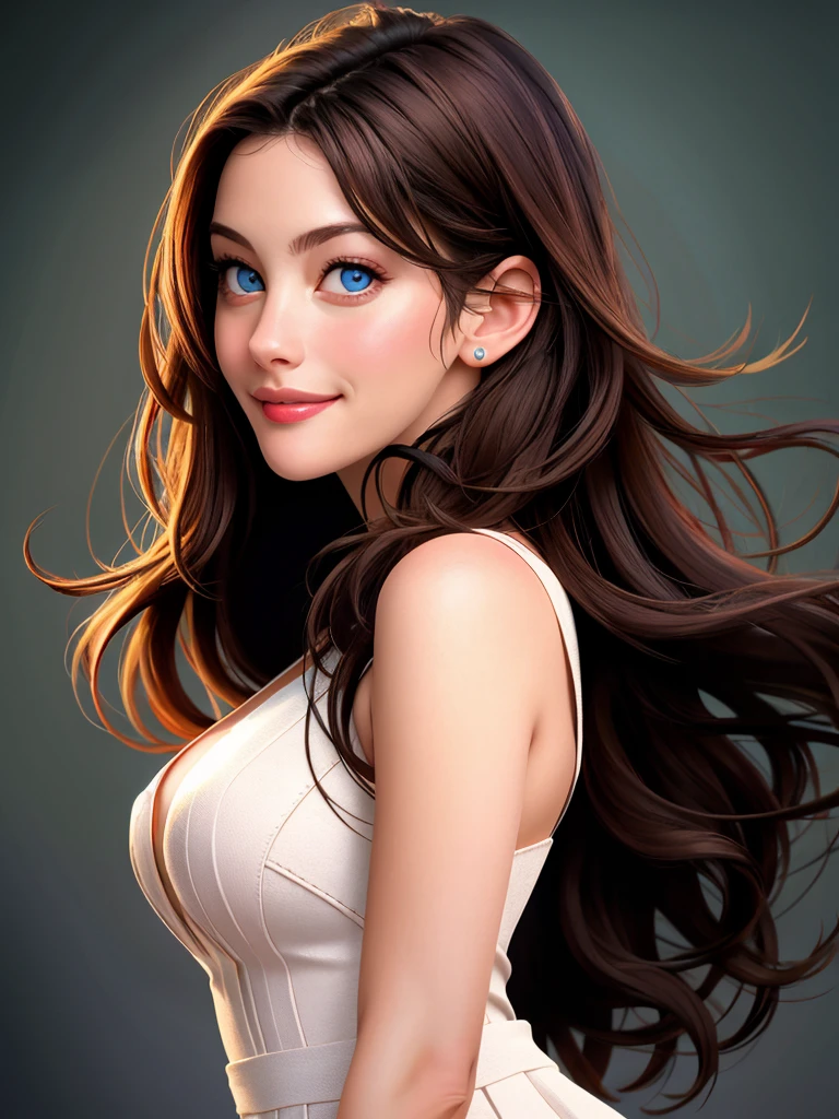 Realistic photo of a beautiful l1vt woman, 1girl,solo,long hair,smile,blue eyes,brown hair,black hair,dress,lips,realistic,soft lighting, professional Photography, Photorealistic, detailed, RAW, analog, sharp focus, 8k, HD, high quality, masterpiece<lora:l1vt:1.0>