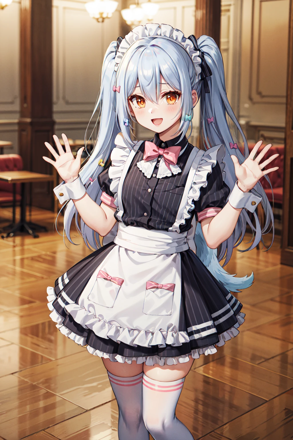 8K, A masterpiece of softcore pornography shot by Kishin Shinoyama, Bast quality,big, RAW Photos, (Ultra-thin contour lines), (1 Girl), Izayoi Sakuya, Sakuya Izayoi, touhou, Crew Eyes, Highlight Eye, Light purple hair, Mid-length hair, Professional Lighting, (Shiny skin: 1.2), shiny big, ((Highest quality)), Sharp focus: 1.2, Highly detailed face and skin texture, fine grain, Perfect Face, Perfect body, Blur Art, cG, background, milk, in front (18-year-old, cool and beautiful girl face), wear ((Frill Maid Mini Dress)), Lace gloves, thigh), blush, (Porn cosplayer), (cameltoe, White panties), Gravure idol style table, She pulled up her skirt to avoid the heat.、I sit on a chair with my knees raised.
