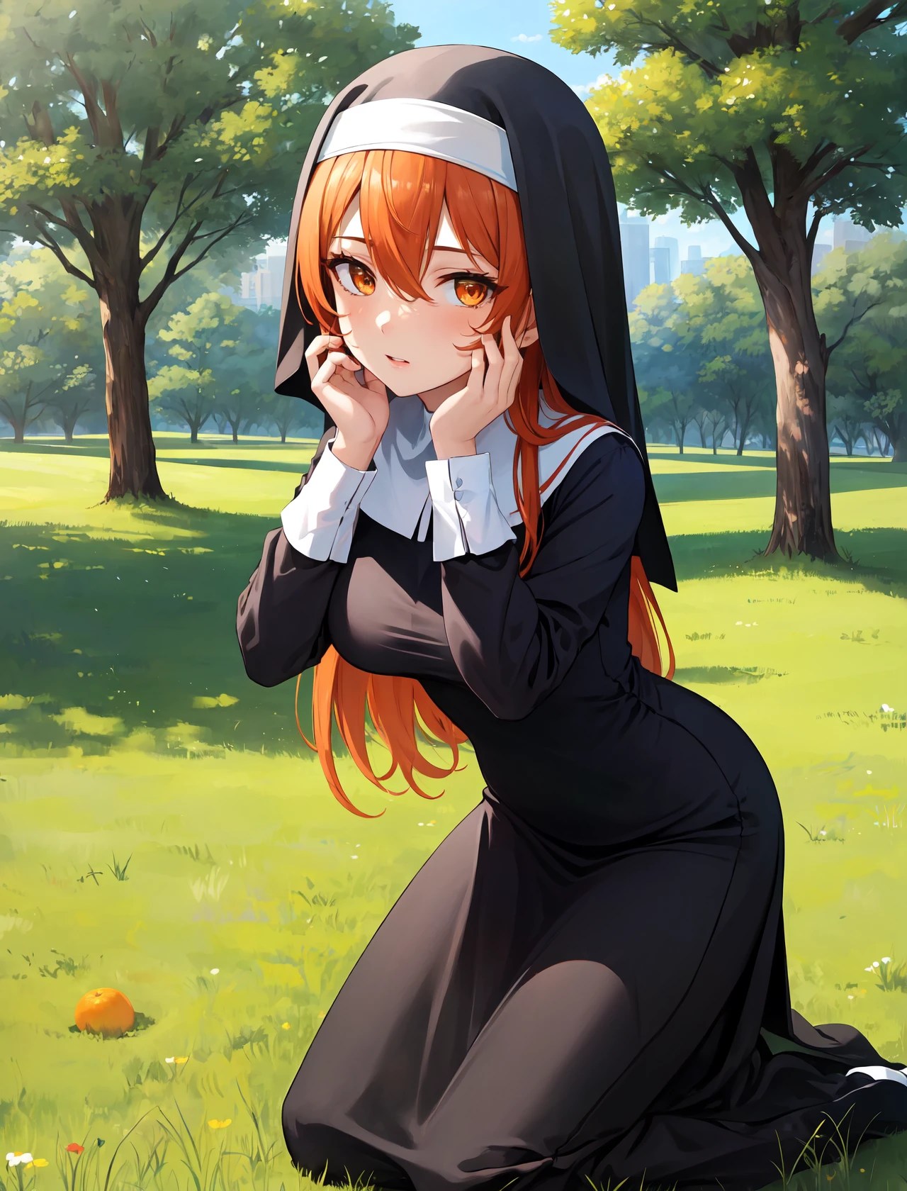 masterpiece, best quality, outdoors, field, grass, forest,
1girl, solo, looking at viewer, kneeling, on kness, breasts, orange hair, orange eyes, very long hair, wavy hair, large breasts, long sleeves, hair between eyes, eyes visible through hair, nun, habit, nun, habit, dress, black dress, long dress, catholic, hands on own face,
<lora:Concept_Nun:1>,