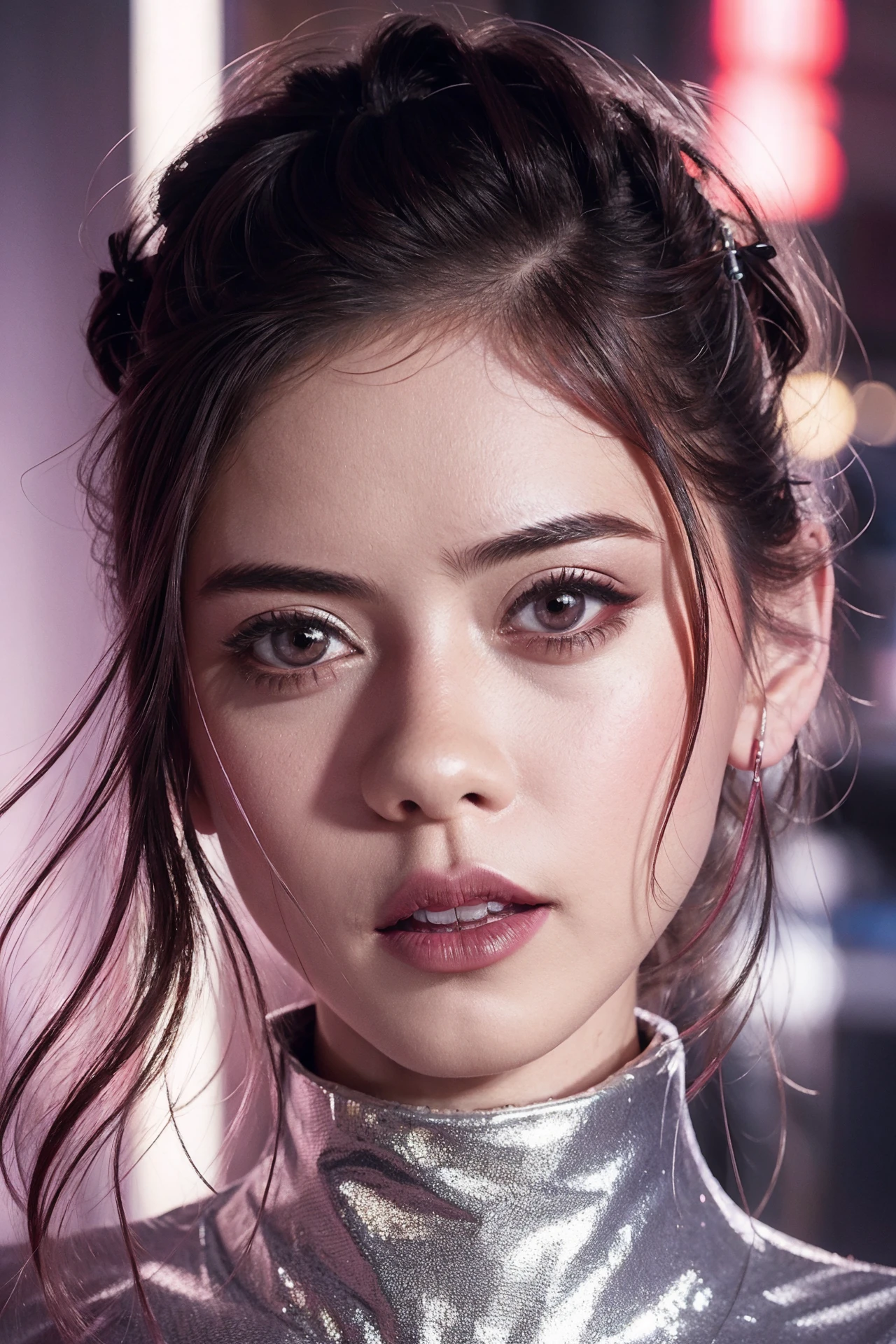 closeup editorial for the future, in the style of cyber realism, dadaist poster, red shiny lips, samurai, light pink and silver, larme kei, reinterpreted human form, deconstruction, man rey, cryptid academia, modern realism  <lora:Rosa_Salazar_512x768:0.85>