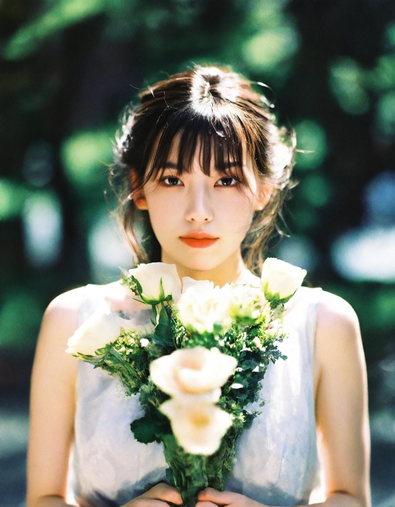 <lora:neg4all_bdsqlsz_xl_V7:1>,
A strikingly beautiful woman,approximately 20 years old,elegantly holding a bouquet of flowers. Inspired by ID Magazine and Yami Kawaii,she dons a wedding dress with flowers adorning her cheeks. The symmetrical allure of Toru Furuya's photography meets the pretty aesthetic of Hangzhou,creating an image reminiscent of a young Liv Tyler with an aurora green backdrop.,