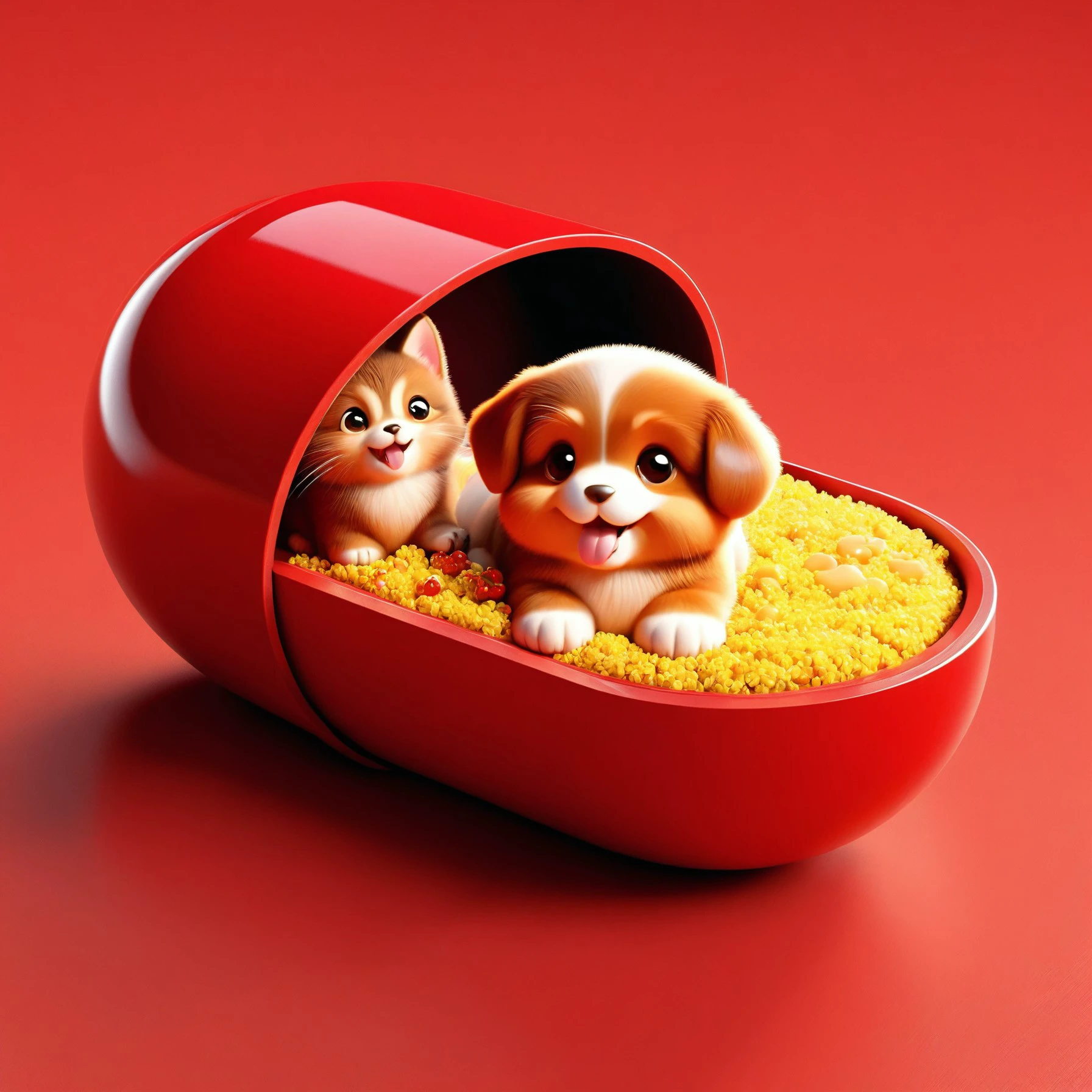 red pill, large pill that opens to reveal a cute pet inside, symbolizing joy and companionship, The pets, either a small, fluffy puppy or kitten, are depicted in heartwarming, stylized settings within the pill, The contrast between the sleek, modern pill and the adorable, comforting scene inside is highlighted
<lora:red_pill:1>