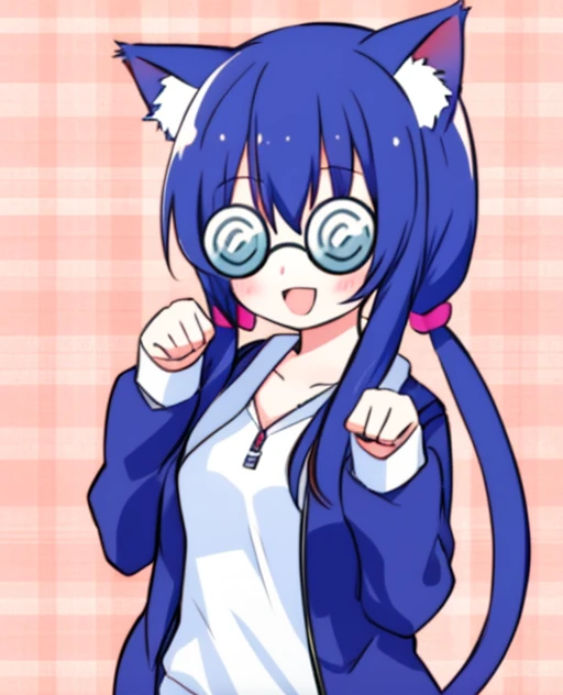 <lora:binzokomegane:1> 1girl, solo, ((coke-bottle_glasses:1.2)), paw_pose, cat_ears, twintails, :D