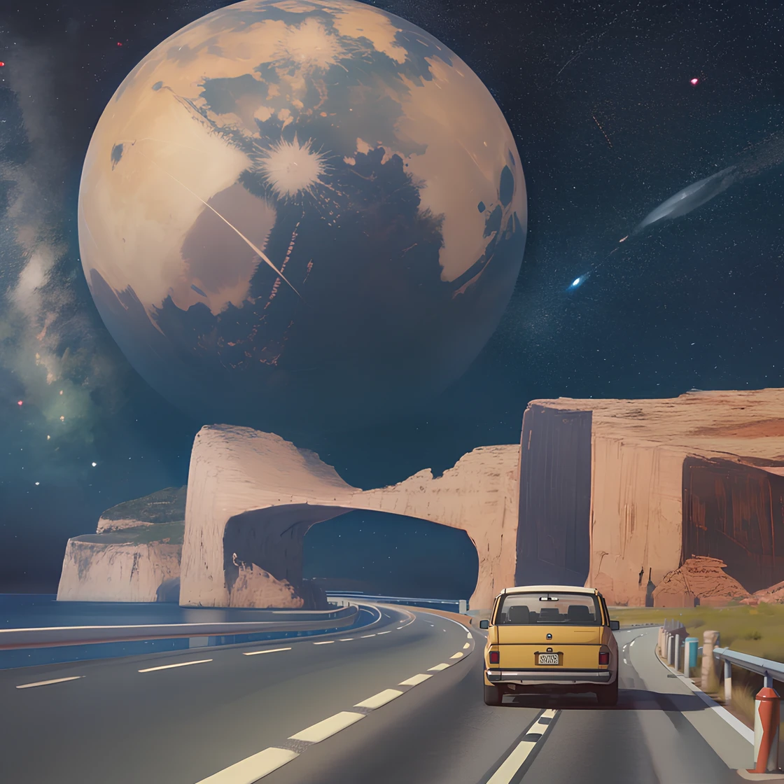 (high quality, masterpiece), eotw_lora, outdoors, no humans, night, ground vehicle, scenery, motor vehicle, car, road, (planet behind, starry sky), <lora:eotw_lora:1>