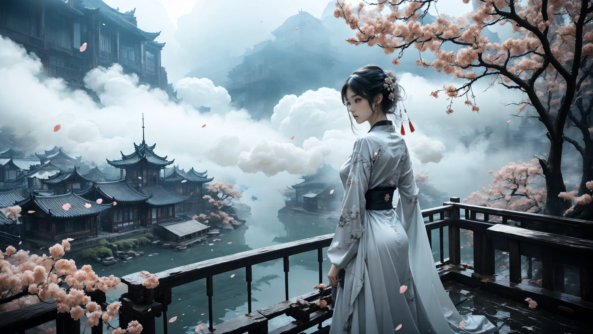 traditional chinese landscapemasterpiece, best quality,Peach blossoms, petals falling(wide shot, wide-angle lens,Panoramic:1.2),super vista, super wide AngleLow Angle shooting, super wide lens, 1girl, art direction of a character in traditional oriental costume, in the style of ethereal, ghostly figures, mist, i can't believe how beautiful this is, white and gray, swirling vortexes, ethereal cloudscapes, feminine sensibilities
<lora:~Q?-l4Nafo traditional chinese landscape:0.8>