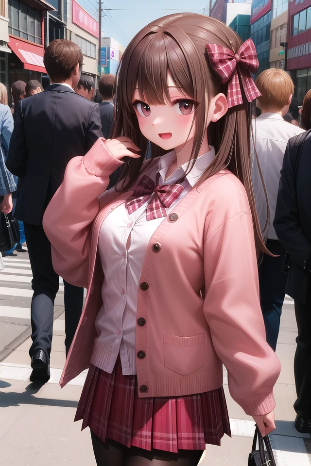 insanely detailed, absurdres, ultra-highres, ultra-detailed, best quality,
1girl, solo, nice hands, perfect hands,
BREAK
(School Uniforms:1.2), (pink cardigan is fit body:1.4), ((do up a buttons, not loose):1.5), ((long sleeve, sleeves past wrists):1.2), (inner wear is white collared-shirt:1.3), (red plaid-pattern bow:1.3), (red plaid-pattern pleated skirt:1.3), ((dark-brown pantyhose, loafers):1.2) ,
BREAK
happy smile, laugh, open mouth, standing,
from side,
cute pose, cowboy shot,
BREAK
slender, kawaii, perfect symmetrical face, ultra cute girl, ultra cute face, ultra detailed eyes, ultra detailed hair, ultra cute, ultra beautiful,
BREAK
in harajuku, shibuya, tokyo, street, crowd, cityscape,
BREAK
medium large breasts,
(brown hair, brown eyes), hime cut
