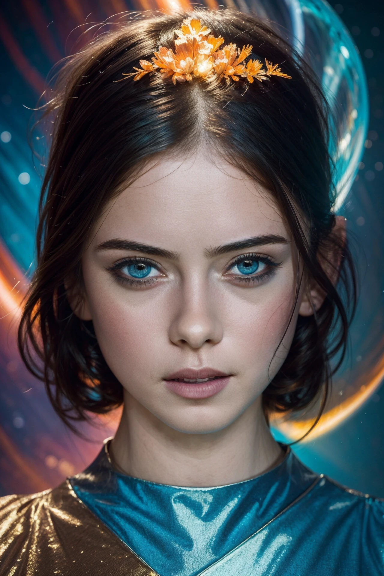 Woman face of heavenly art, in the style of detailed science fiction illustrations, dark turquoise and light amber, hyper-realistic water, colorful dreams, emotional energy, redshift, serge marshennikov  <lora:Rosa_Salazar_512x768:0.85>