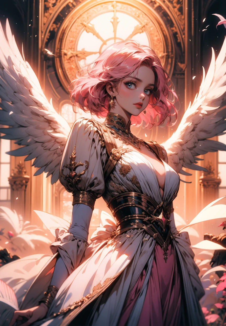 absurdres, (best quality:1.1), (masterpiece:1.2), beautiful detailed, (wide landscape, 8k), depth of field, highres, beautiful and aesthetic, High quality, beautiful, (zentangle, mandala, tangle, entangle:0.6), magical, pink hair, angel wings