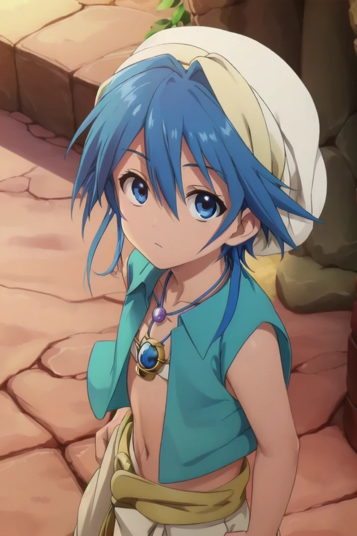 <lora:aladdinsd:0.6>
standing in desert town,  magi_aladdin, solo, looking at viewer, 1boy, hat, blue hair, male focus, close-up, turban, wearing a flute as pendant around his neck,