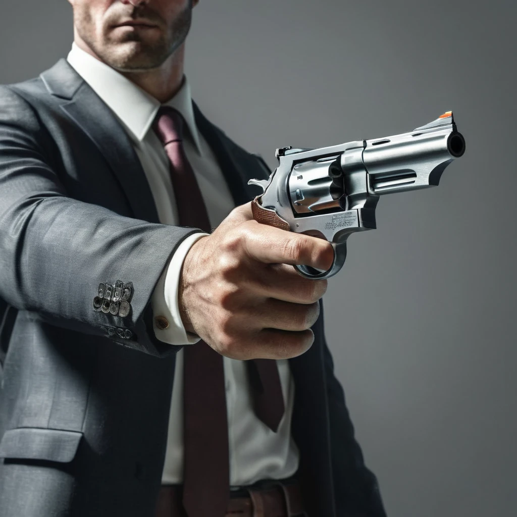 Hyperrealistic art of  <lora:0.44 magnum revolver:1.2>
0.44 magnum revolver a man in a suit aiming a gun perfection, Extremely high-resolution details, photographic, realism pushed to extreme, fine texture, incredibly lifelike