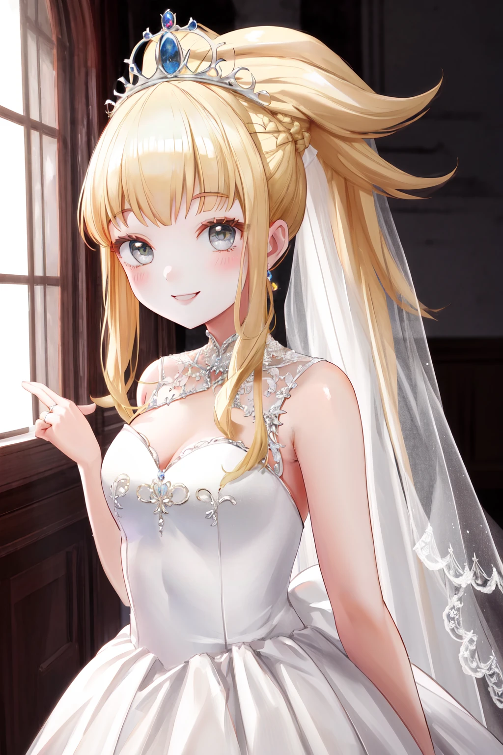masterpiece, best quality, highres, 1girl ponytail hair ornament <lora:krystal_kekkon_yubiwa_no_outfit:1> wedding dress, white dress, smile, tiara