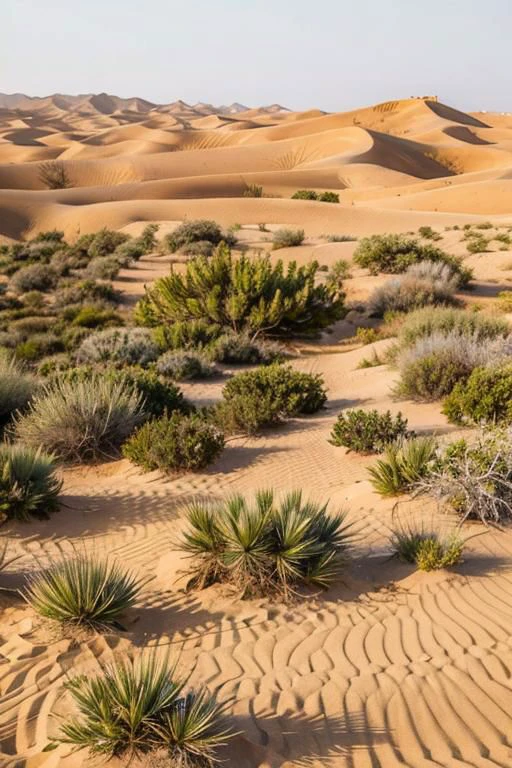 A mystical desert landscape with ancient ruins half-buried in the sand