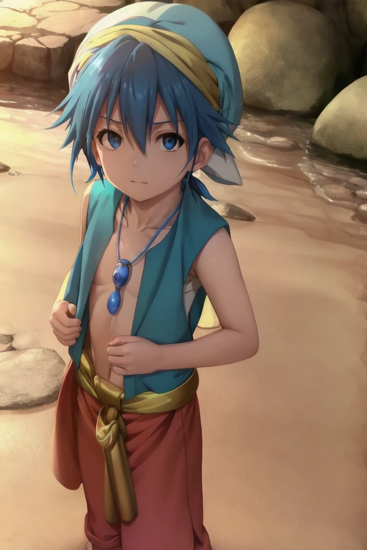 <lora:aladdinsd:0.6>
standing in desert town,  magi_aladdin, solo, looking at viewer, 1boy, hat, blue hair, male focus, close-up, turban, wearing a flute as pendant around his neck,