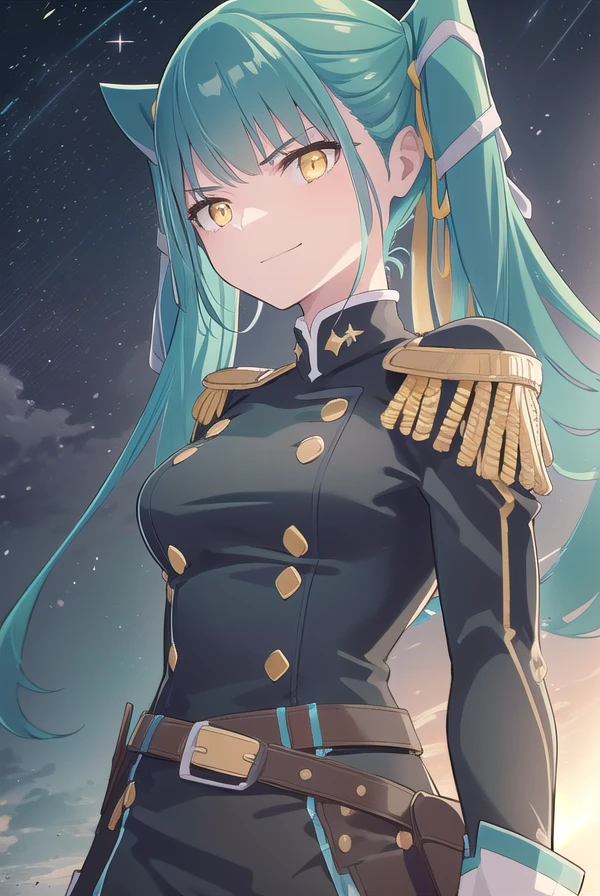 yachihoazuma, <lora:yachiho azuma manga-lora-nochekaiser:1>,
yachiho azuma, long hair, twintails, hair ribbon, (aqua hair:1.5), (yellow eyes:1.5), smile, smirk,
BREAK thighhighs, gloves, jewelry, earrings, boots, shorts, belt, uniform, military, military uniform, thigh boots, epaulettes, black military uniform,
BREAK outdoors, space, starry sky, star \(sky\), moon,
BREAK looking at viewer, (cowboy shot:1.5),
BREAK <lyco:GoodHands-beta2:1>, (masterpiece:1.2), best quality, high resolution, unity 8k wallpaper, (illustration:0.8), (beautiful detailed eyes:1.6), extremely detailed face, perfect lighting, extremely detailed CG, (perfect hands, perfect anatomy),