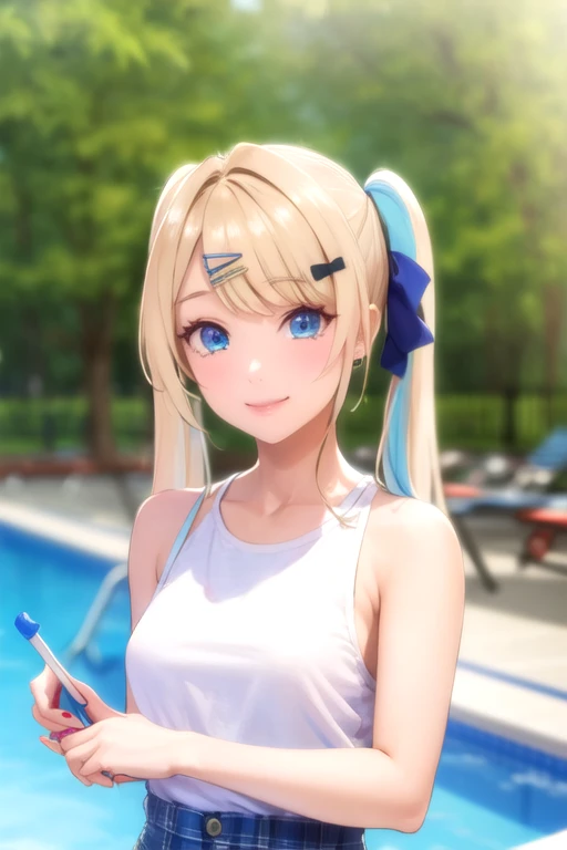 nsfw, (perfect anatomy, balanced proportions, extremely cute illustration:1.1), poolside, blond hair, blue eyes, wavy long hair, ponytail, hairstyle with the bangs cut in half, arms behind head, armpits, (embarrassed, smiling), (detailed gorgeous colorful idol costume with a lot of frills), baby face, (cute round face),
