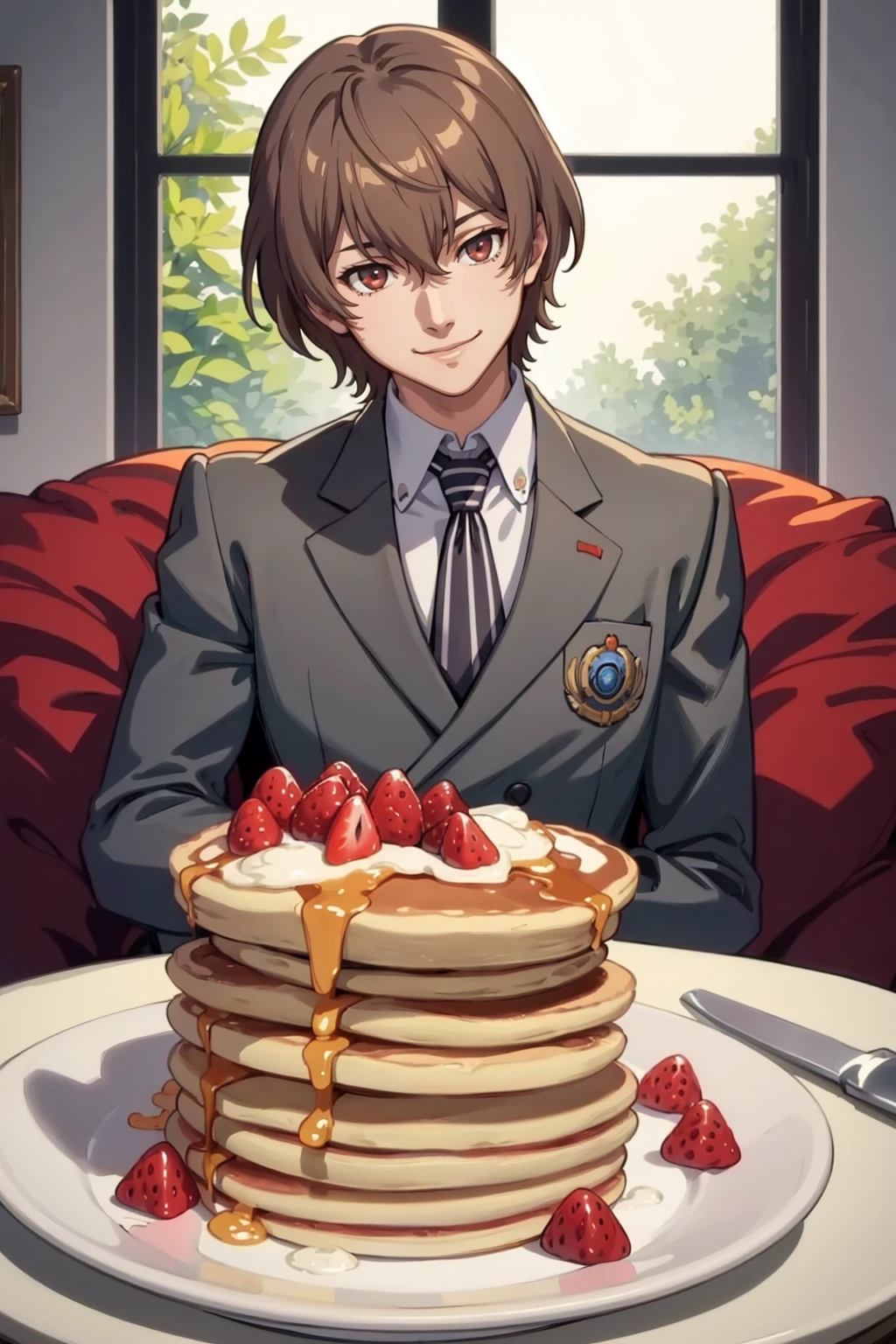 masterpiece, best quality, solo, 1boy, looking at viewer, smile, <lora:Akechi_Fp:1>, akechip5, collared shirt, jacket, gloves, pants, necktie, sitting, pancake, pancake stack,