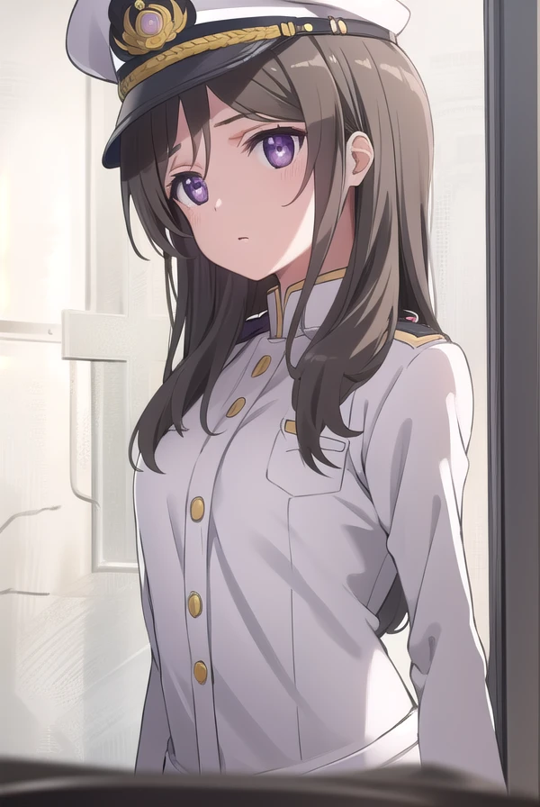 chinamoeka, <lora:china moeka s1-lora-nochekaiser:1>,
china moeka, long hair, brown hair, (purple eyes:1.1),
BREAK hair ornament, hat, hairclip, uniform, military, military uniform, peaked cap, naval uniform, (white uniform:1.5),
BREAK outdoors, ship, navy,
BREAK looking at viewer, (cowboy shot:1.5),
BREAK <lyco:GoodHands-beta2:1>, (masterpiece:1.2), best quality, high resolution, unity 8k wallpaper, (illustration:0.8), (beautiful detailed eyes:1.6), extremely detailed face, perfect lighting, extremely detailed CG, (perfect hands, perfect anatomy),