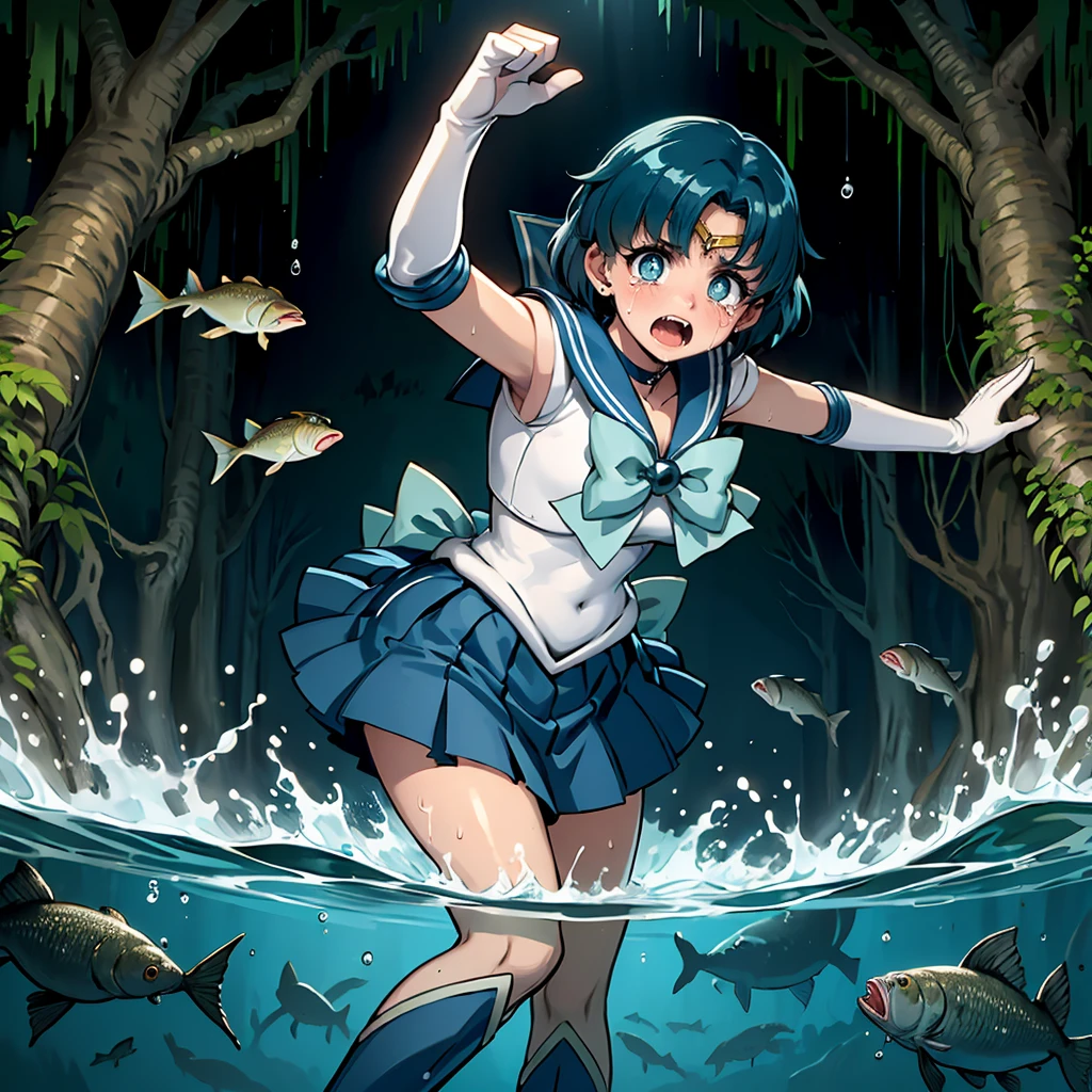 masterpiece,best quality,highly detailed,1girl,solo,scared,panicking,constricted pupils,screaming,raised eyebrows,wide-eyed,crying,tears,
<lora:mercury_v2:1>,mer1,tiara,sailor senshi uniform,blue sailor collar,bow,knee boots,choker,white gloves,blue choker,elbow gloves,jewelry,earrings,blue skirt,
BREAK
<lora:piranha:0.5>,underPartWater,partially underwater shot,partially submerged,afloat,wading,fangs of fish,forest,tree,jungle,river,looking down,(too many evil fish,too many evil piranha, too many evil piranha surrounded),