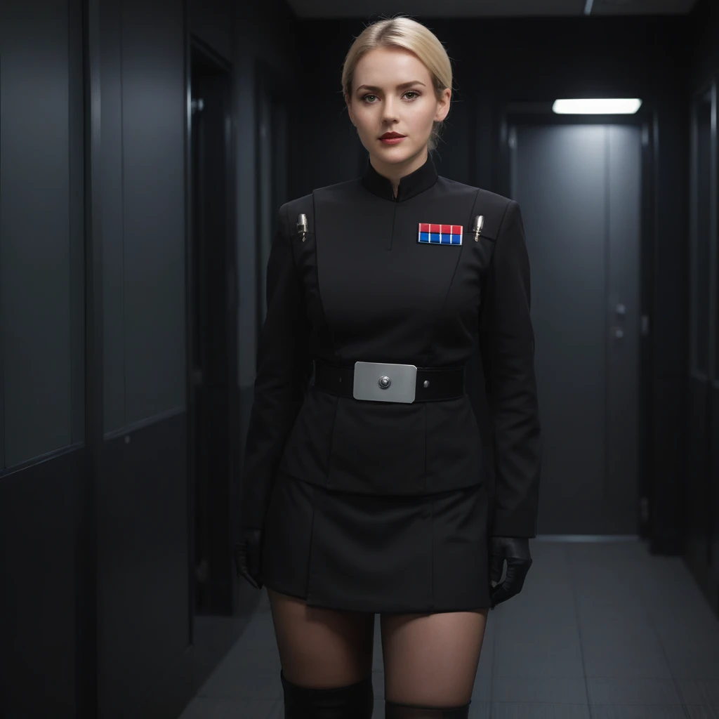 a fullbody photograph of a beautiful female imperail officer wearing a black uniform with a skirt, standing in a dark interior <lora:Imperial_Officer:0.7>