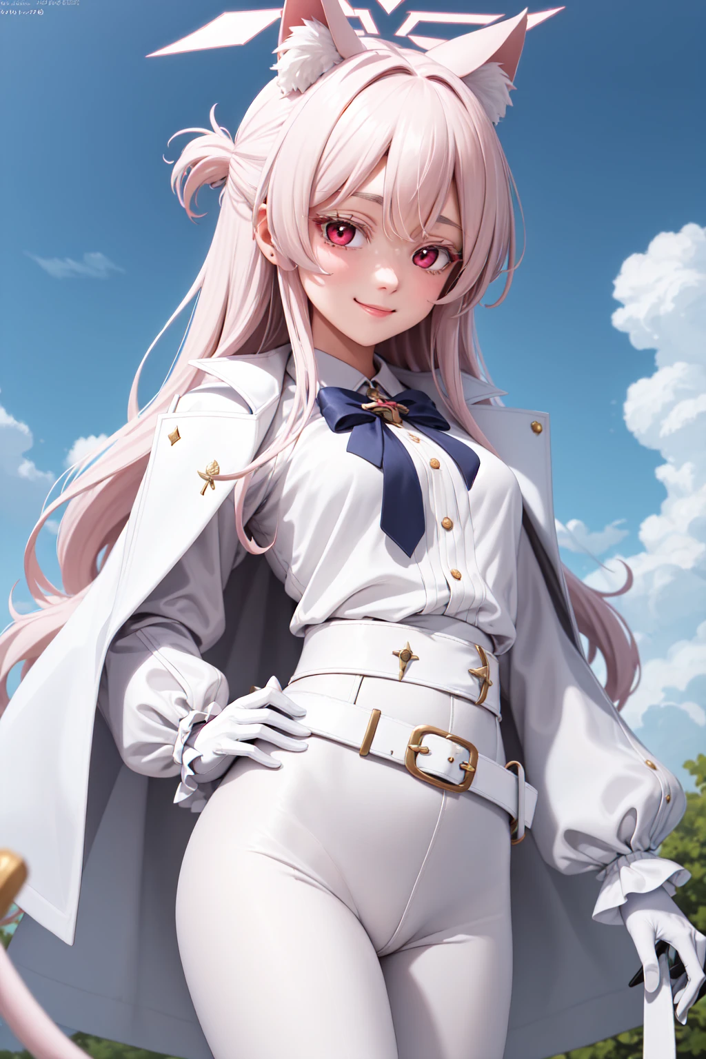 (masterpiece:1.3), (absurdres:1.3), (best quality:1.3), (ultra-detailed:1.3), 1girl, upper body, looking at viewer, smile, standing, outdoors, hand on check, akirafi, halo, long hair, white gloves, long sleeves, white shirt, white pantyhose,  belt, white coat, open coat, cat tails, white pants, <lora:akirafi-13:1>