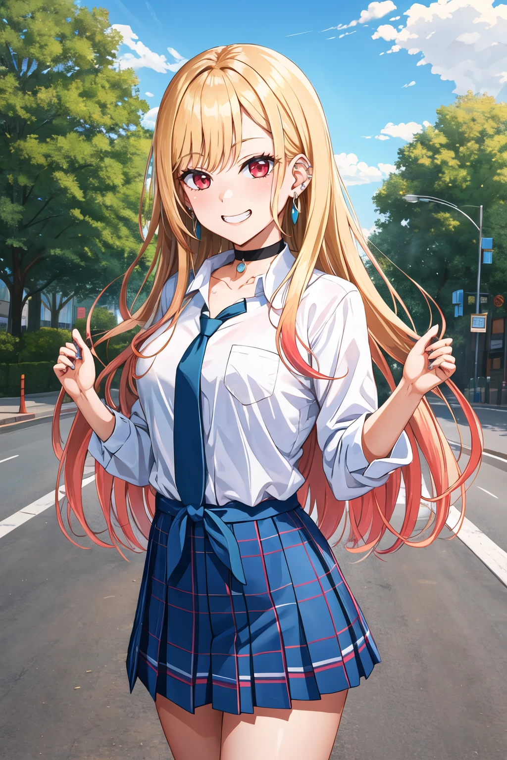 masterpiece, best quality, highres, kitagawa marin, 1girl, blonde hair, long hair, multicolored hair, red eyes, jewelry, earrings, piercing, school uniform, white shirt, tied shirt, black choker, blue necktie, plaid skirt, <lora:kitagawa_marin_v1-1:0.7>, grin, smile, standing, cowboy shot, outdoors, <lora:sekaisaisoku-Style-v1_124378:1>