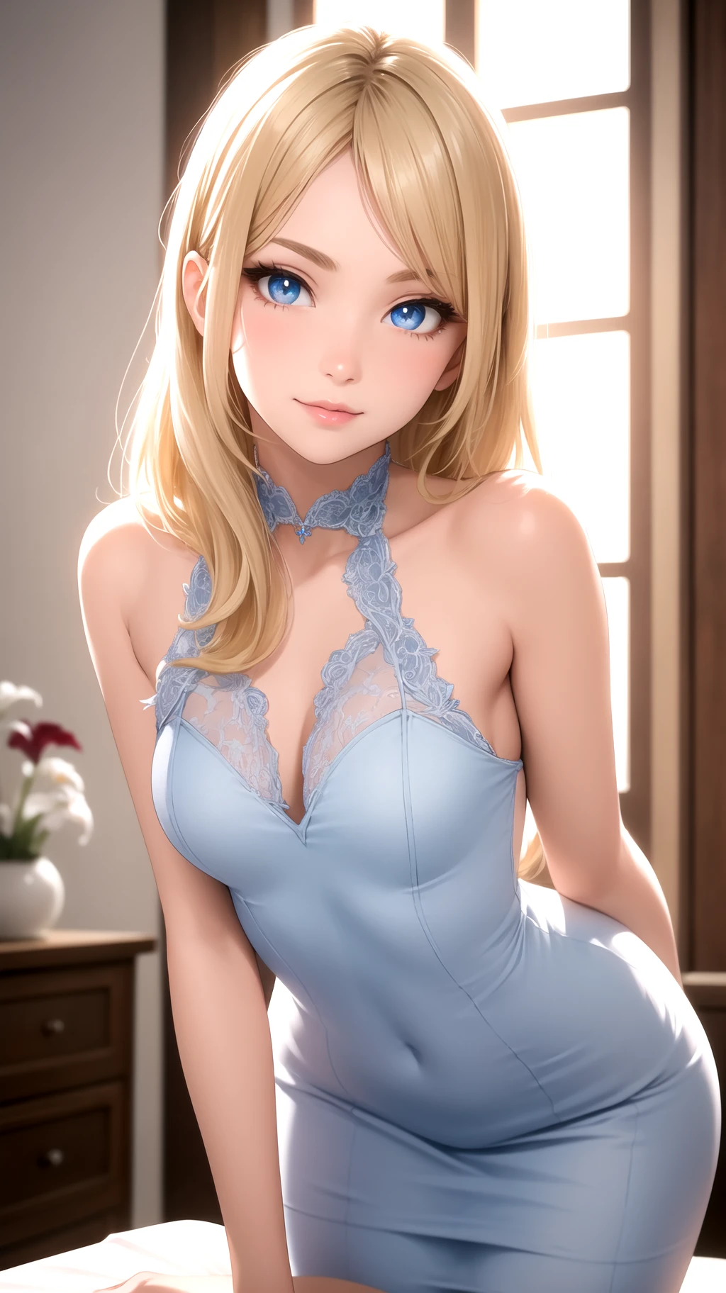 one woman, highest quality, masterpiece, big breasts, beautiful breasts, Super beautiful woman, beautiful eyes, Upper body, 2D, standing position, cleavage,  perfect eyes, anime characters, smile, open your mouth, blonde, Forehead visible, on the bed, long straight, camisole, 