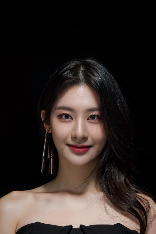 Best quality, masterpiece, ultra high res, (photorealistic:1.4), (((black dress))), (extremely detailed eyes), (((strapless))), raw photo, 1girl, solo, realistic, (looking at viewer), upper body, ((plain black background:1.5)), bare shoulders, smile, flash lighting, <lora:seeunlorashyv1_5:1>