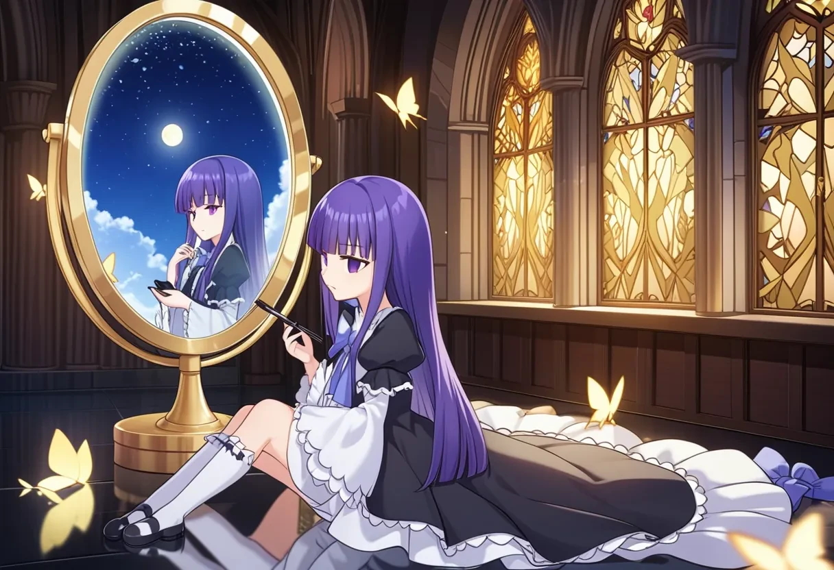 <lora:frederica_bernkastel:0.8>1girl, frederica bernkastel, sitting, looking at mirror, looking at another, reflection, (applying makeup:1.2), brush, cosmetics, black dress, inexpressive face, tail bow, cat tail, tail ornament, (cat ears:0.65), (moonlight), starry background, full body, cathedral, golden butterfly, 

(masterpiece), (best quality), (ultra-detailed), official art, detailed eyes, perfect composition,intricate details, film, bokeh, professional, 4k, highly detailed