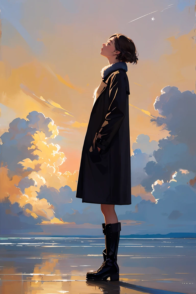 oil painting,oil painting with brushstrokes, masterpiece,best quality,1girl, solo, looking up, short hair, sky, coat, standing, boots, black footwear, from side, long sleeves, full body, star (sky), cloud, signature, brown hair, black hair, profile, outdoors ,<lora:GoodHands-beta2:1>