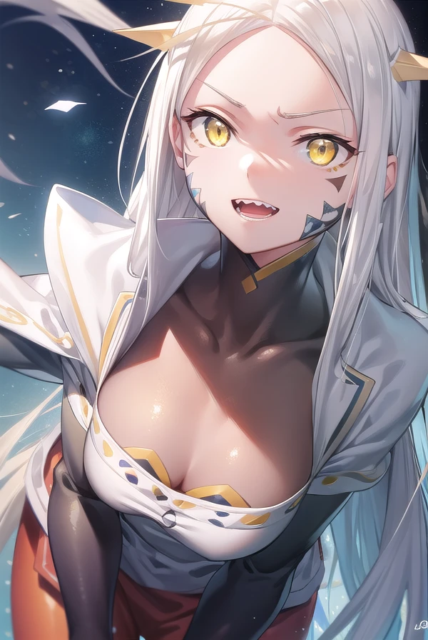 aobawakura, <lora:aoba wakura manga-lora-nochekaiser:1>,
aoba wakura, long hair, (yellow eyes:1.5), teeth, antenna hair, sharp teeth, white hair, (forehead:1.2), (facial mark:1.5), smile,
BREAK cleavage, boots, bodysuit, black bodysuit, superhero,
BREAK outdoors, space, starry sky, star \(sky\), moon,
BREAK looking at viewer, (cowboy shot:1.5),
BREAK <lyco:GoodHands-beta2:1>, (masterpiece:1.2), best quality, high resolution, unity 8k wallpaper, (illustration:0.8), (beautiful detailed eyes:1.6), extremely detailed face, perfect lighting, extremely detailed CG, (perfect hands, perfect anatomy),