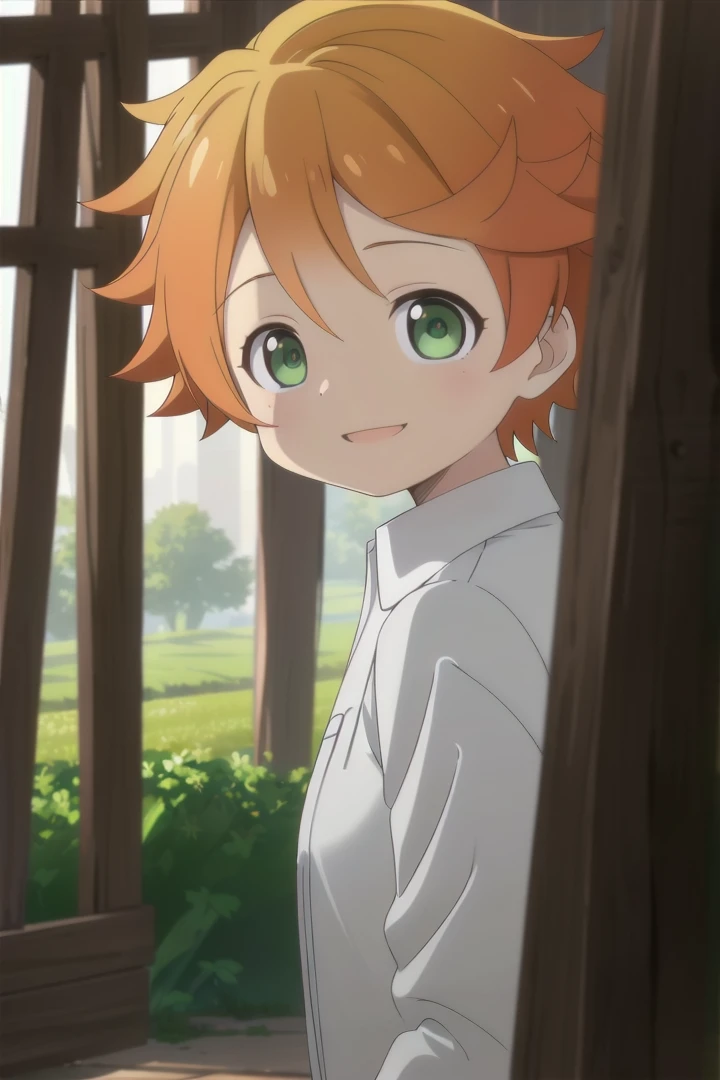 <lora:the-promised-neverland-emma-sd15-V10:0.6>
a 11-year-old girl neverland_emma standing on a beautiful green field with trees in the background, she has green eyes, short hair and wears a long sleeved white collared shirt, she has orange hair she has a bright smile, the sun is setting, The soft lighting and detailed surroundings create an immersive environment where imagination runs wild hyper-detailed, hyper-detailed face, high quality visuals, dim Lighting, sharply focused, octane render, 8k UHD