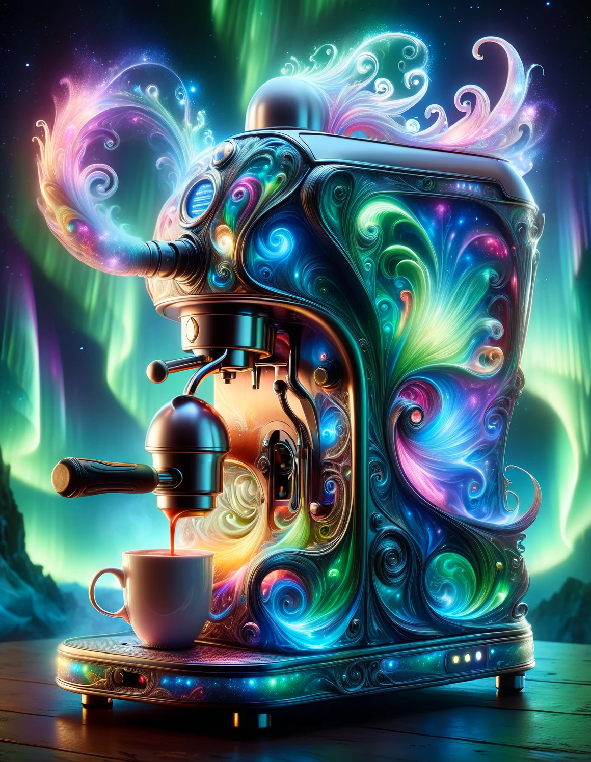 <lora:SDXLAuroraStyle:1> Aurorastyle,Highly detailed Dynamic shot of a fantasy coffee machine, high quality, hot chocolate machine of the gods