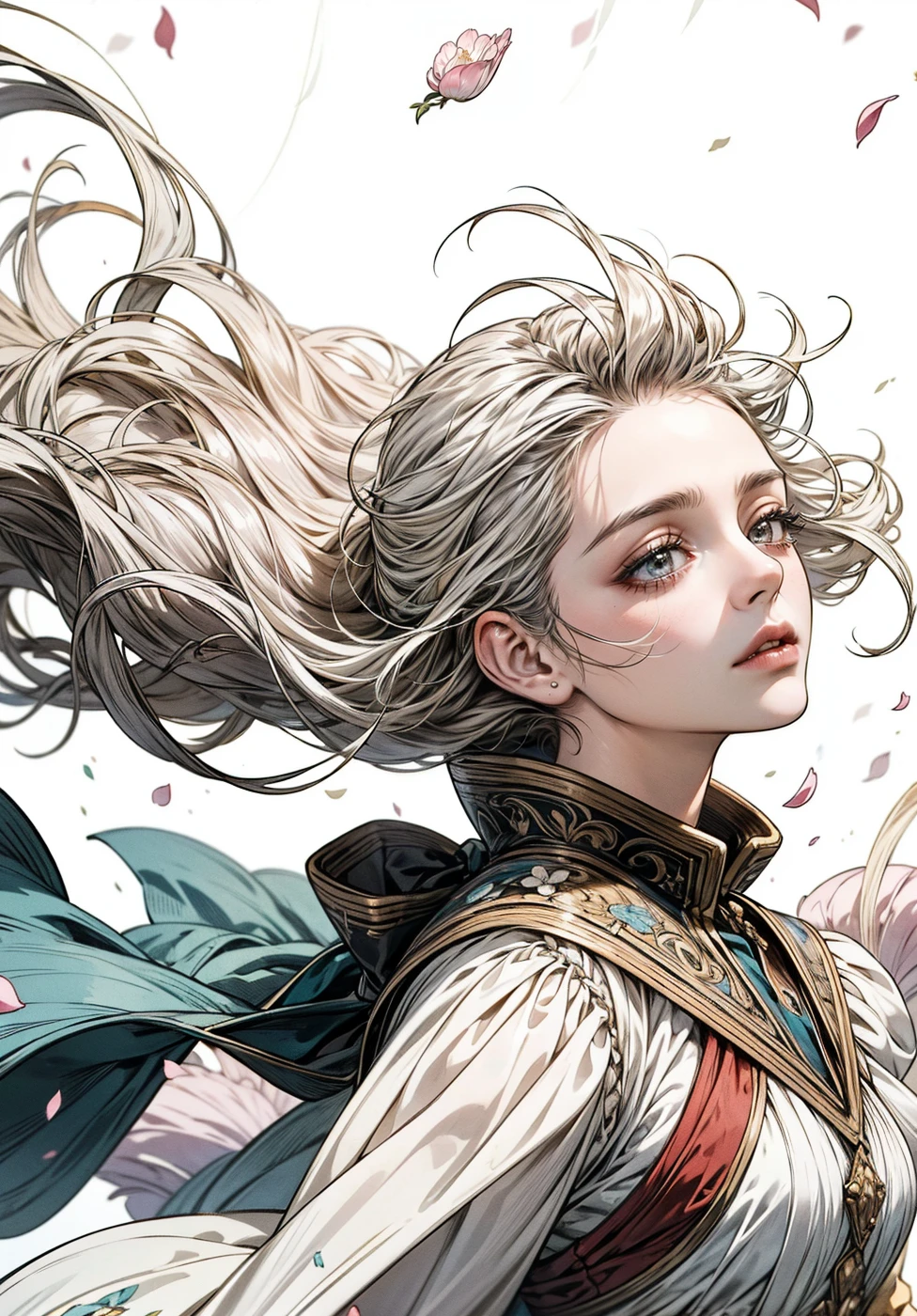 (((masterpiece))), white background, (((best quality))), ((ultra-detailed)), (illustration), ((extremely delicate and beautiful fabric)), beautiful details in the wind, ((breeze)), Flying splashes, Flying petals, wind, disheveled hair, delicate face, perfect face, blank expression, good anatomy
