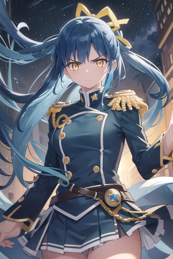 himariazuma, <lora:himari azuma manga-lora-nochekaiser:1>,
himari azuma, long hair, hair rings, (blue hair:1.5), (yellow eyes:1.5), frown, angry,
BREAK skirt, thighhighs, epaulettes, military, military uniform, black uniform,
BREAK outdoors, space, starry sky, star \(sky\), moon,
BREAK looking at viewer, (cowboy shot:1.5),
BREAK <lyco:GoodHands-beta2:1>, (masterpiece:1.2), best quality, high resolution, unity 8k wallpaper, (illustration:0.8), (beautiful detailed eyes:1.6), extremely detailed face, perfect lighting, extremely detailed CG, (perfect hands, perfect anatomy),