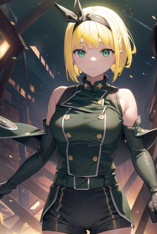 shushusuruga, <lora:shushu suruga manga-lora-nochekaiser:1>,
shushu suruga, short hair, bangs, hair ribbon, hairband, blunt bangs, thick eyebrows, (green eyes:1.5), (yellow hair:1.5), smile,
BREAK gloves, shorts, elbow gloves, belt, buttons, military uniform, military, (bare shoulders:1.5), (black military uniform:1.7),
BREAK outdoors, space, starry sky, star \(sky\), moon,
BREAK looking at viewer, (cowboy shot:1.5),
BREAK <lyco:GoodHands-beta2:1>, (masterpiece:1.2), best quality, high resolution, unity 8k wallpaper, (illustration:0.8), (beautiful detailed eyes:1.6), extremely detailed face, perfect lighting, extremely detailed CG, (perfect hands, perfect anatomy),