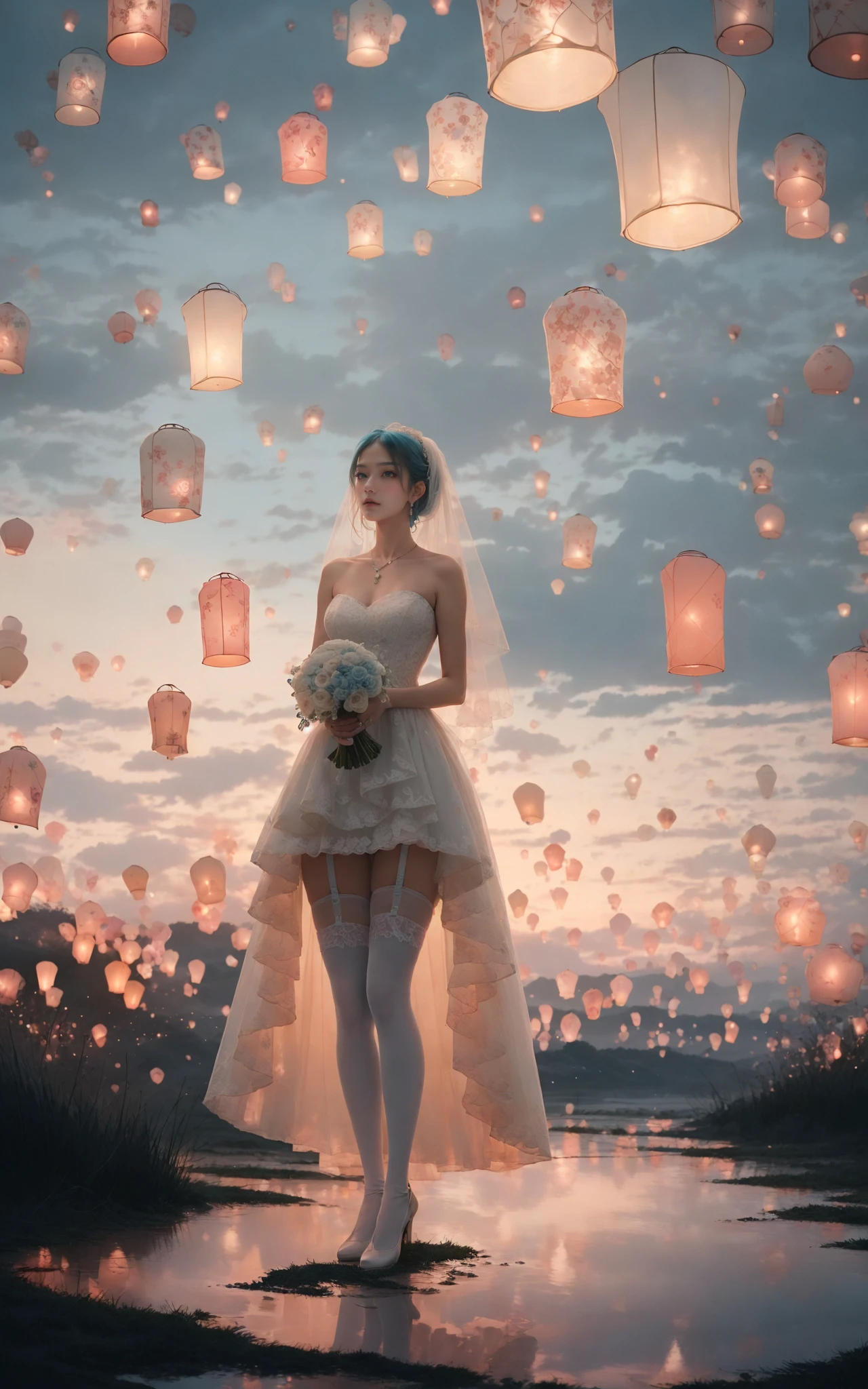 sky lanternmasterpiece, best quality, 32k uhd, insane details, intricate details, hyperdetailed, hyper quality, high detail, ultra detailed, Masterpiece, (Real waterRealistic waterflowing water:1.1)ripples(cyan sky:1.4), (wide shot, wide-angle lens,Panoramic:1.2),super vista, super wide AngleLow Angle shooting, super wide lens,
(Wedding dress, veil, gown gloves, gloves:1.4), necklace,earrings,bouquetexposed collarbone, exposed shoulders (white thighhighs,  garter straps and garter belt:1.3), (long legs:1.3),
A whimsical sight of paper lanterns floating against the twilight sky, captured in a wide view by Tim Walker.    The lanterns cast a warm glow, creating a dreamlike tableau that melds tradition with beauty, i can't believe how beautiful this is, dream-like atmosphere
<lora:~Q?-[Tfpo sky lantern:0.8>