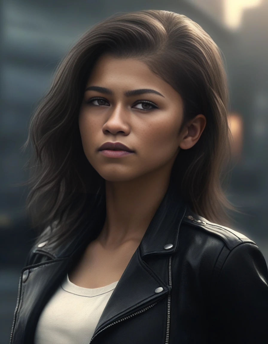 ZendayaMaree,<lora:ZendayaMareeSDXL:1>,female, realistic photo, professional lighting from the right side with a soft glow coming out of her open eyes wearing black leather jacket and jeans by Annie Leibovitz + Stalenhag; natural color scheme. Extremely high-quality picture that's trending on artstation in deviantart"A very detailed face!! no watermark!!!!! 8k resolution "the most beautiful image ever created!!!!!!! ((and highly qualityful extremely epic stunning fantasy pencil sketch illustration bust portrait fine details macro closeup headshot symmetrical facial features hd 4x9 award winning photography model full length! glossy sharp focus long exposure