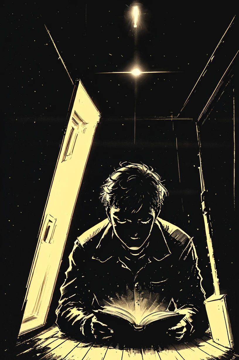 a person laying on the floor reading a book in the dark with a flashlight shining through the door behind them, Drew Tucker, atmospheric lighting, a photo, light and space, <lora:PUNK-000005:.8> cinematic lighting, David Park, lights,