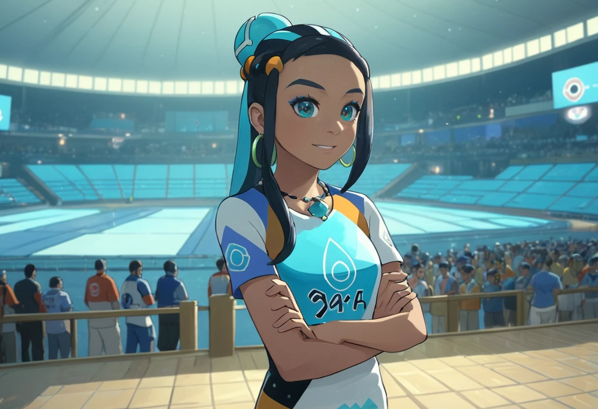 (masterpiece, best quality, ultra_detailed, highres, absurdres:1.2), <lora:nessa-xl-000023:1> nessa \(pokemon\), 1girl, (solo:1.4), (alone:1.4), standing, slight smile, hair bun, hair ornament, necklace, hoop earrings, indoor, pokemon aqua arena