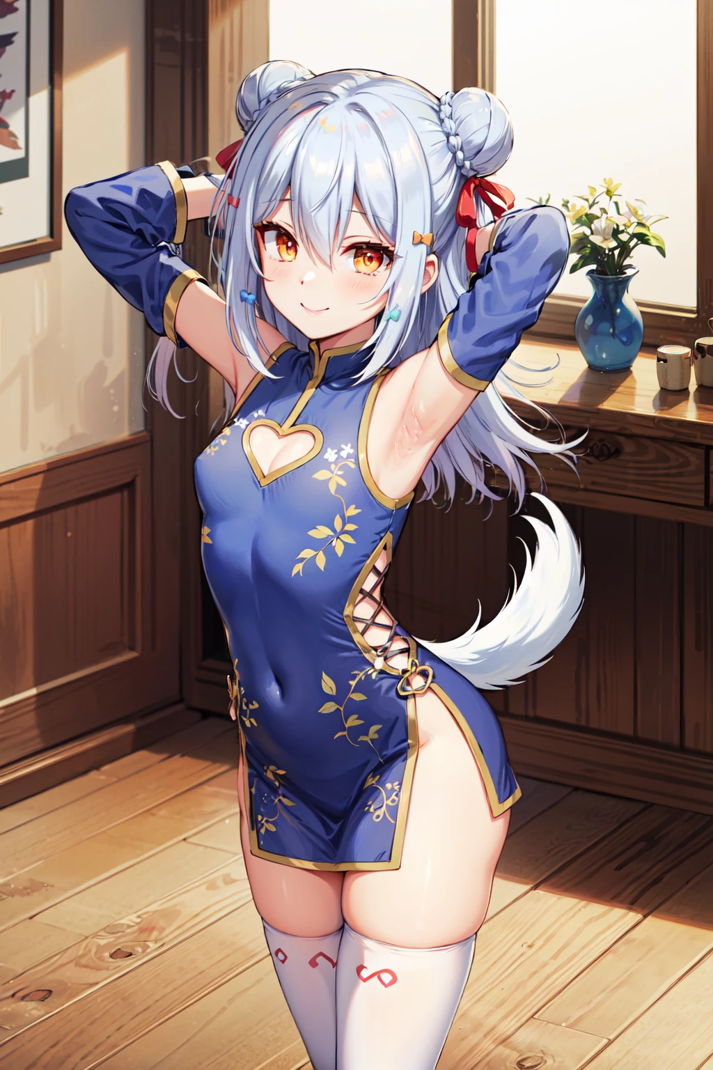 masterpiece,best quality,highres,ultra-detailed,bbtamaki,orange eyes,gradient eyes,long hair,double bun,red ribbon,sidelocks,hair between eyes,bangs,hair bow,china dress,chinese clothes,blue dress,short dress,bare shoulders,clothing cutout,detached sleeves,frilled sleeves,dog tail,thighhighs,(white thighhighs:1.4),shoes,blue footwear,<lora:inuyama_tamaki:0.7>,indoors,standing,cowboy shot,smile,arm_behind_head,armpits,arms_up,