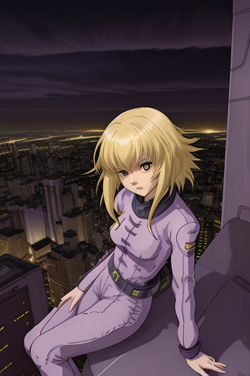 female,Lilia Flaubert,(yellow hair), purple pilotsuit, city view , night, <lora:lila-000006:1>