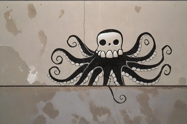 graffiti on a crumbling and cracked old wall with weather old paint of a black and white line drawing of a skelewag giant octopus, skelewag style <lora:Skelewags_Style_XL-000010>
