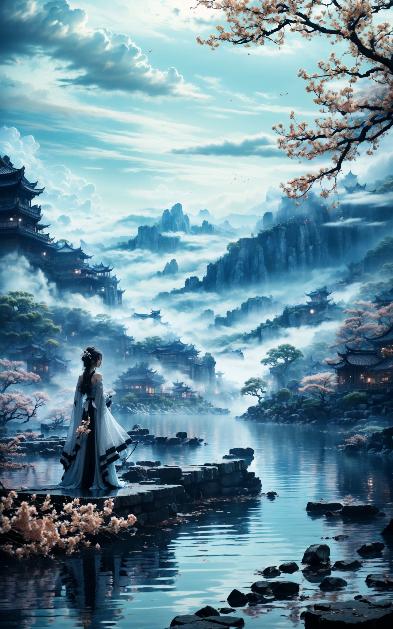traditional chinese landscapemasterpiece, best quality,Peach blossoms, petals falling(wide shot, wide-angle lens,Panoramic:1.2),super vista, super wide AngleLow Angle shooting, super wide lens, 1girl, art direction of a character in traditional oriental costume, in the style of ethereal, ghostly figures, mist, i can't believe how beautiful this is, white and gray, swirling vortexes, ethereal cloudscapes, feminine sensibilitieswhite garter beltwhite dressbowplatinum blonde hair
<lora:~Q?-l4Nafo traditional chinese landscape:0.8>